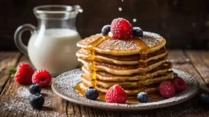 Almond flour pancakes with honey and fresh berries on a rustic table