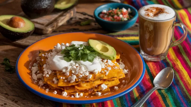 A vibrant plate of chilaquiles topped with queso fresco, sour cream, cilantro, and avocado slices, served with salsa and coffee.