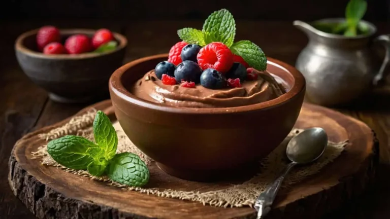 Chocolate avocado pudding topped with fresh berries and mint.