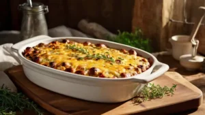 Golden breakfast casserole with sausage and cheese in a ceramic dish.