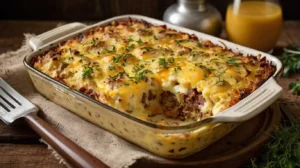 Sausage egg casserole with hash browns served in a rustic casserole dish, garnished with fresh herbs