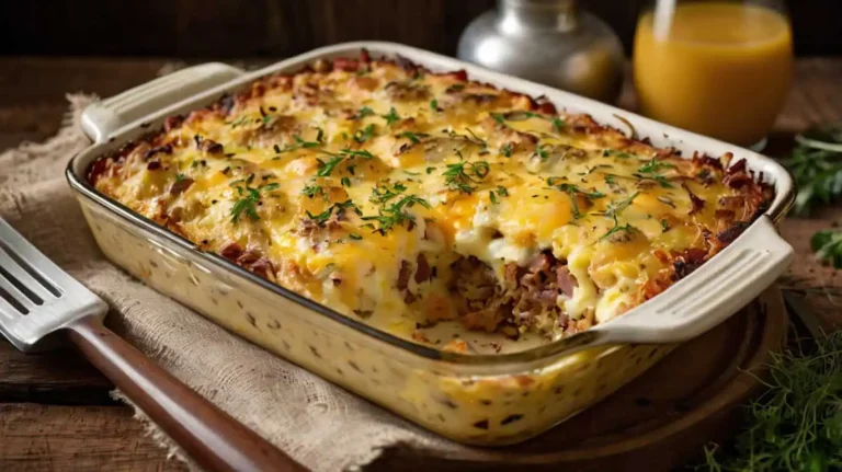 Sausage egg casserole with hash browns served in a rustic casserole dish, garnished with fresh herbs