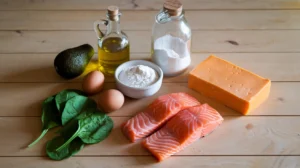 A flat-lay of keto-friendly ingredients including avocado, olive oil, coconut oil, almond flour, eggs, zucchini, spinach, salmon, and cheddar cheese arranged on a wooden table.