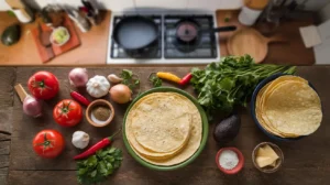 Fresh ingredients for Mexican breakfasts, including tomatoes, chilies, onions, garlic, cilantro, and tortillas