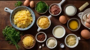 Ingredients for sausage egg casserole, including eggs, hash browns, sausage, cheese, and milk.