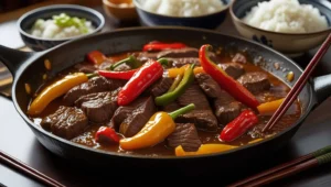 A family-style skillet of Beef Pepper Steak served with peppers in a savory sauce