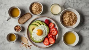 Fresh breakfast ingredients including eggs, avocados, berries, and oats on a marble countertop