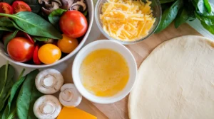 Fresh ingredients for a homemade breakfast pizza including vegetables, cheese, eggs, and dough