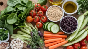 A variety of fresh ingredients for preparing low-calorie meals