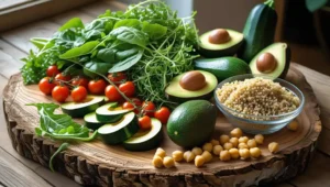 Fresh ingredients for healthy lunches including greens, quinoa, and avocados