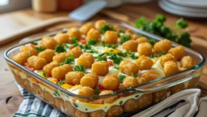 Golden, crispy tater tot casserole served in a glass dish.