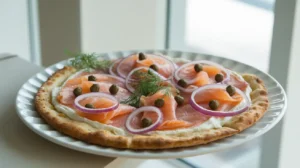 Gourmet smoked salmon breakfast pizza garnished with dill, capers, and onions