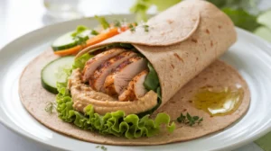 A grilled chicken wrap with hummus and fresh vegetables on a white plate