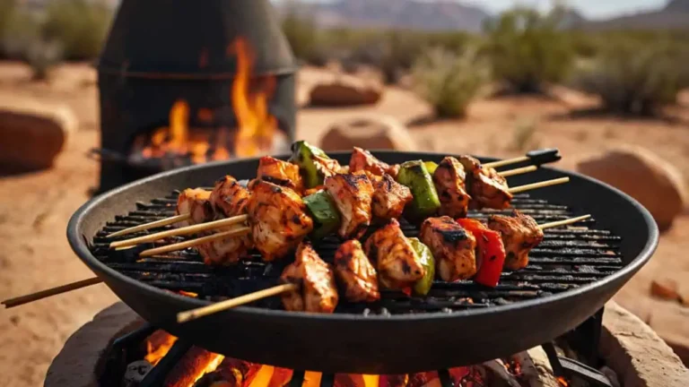 Grilled spiced chicken skewers over an open flame in a desert setting