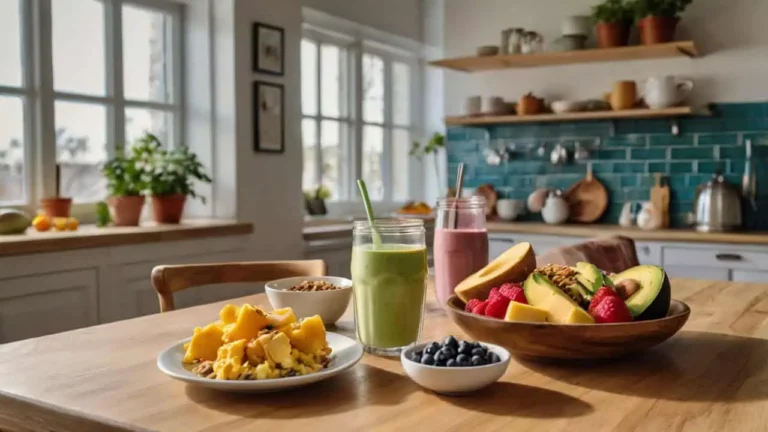 Healthy breakfast spread with fruit smoothie, avocado toast, and scrambled eggs