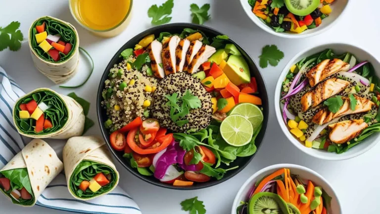 Healthy lunch spread with wraps, quinoa salad, and a Buddha bowl