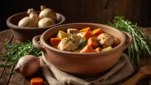 Herb-infused chicken stew served in a rustic earthen bowl with fresh ingredients