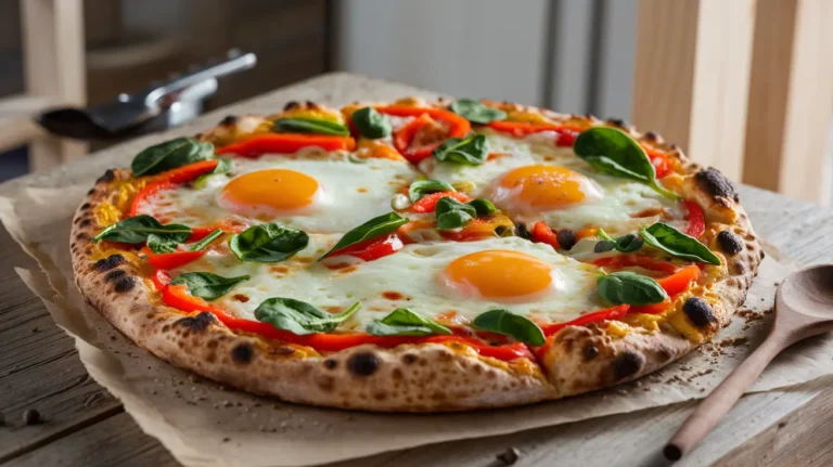 Homemade breakfast pizza topped with fresh vegetables, eggs, and melted cheese