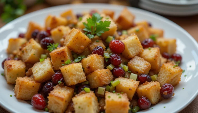 Golden-brown bread cubes with fresh cranberries and garnished with parsley on a white plate