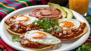 Huevos rancheros with fried eggs, tomato-chili sauce, and fresh cilantro, served with beans and avocado