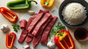 Ingredients for Beef Pepper Steak, including raw beef, bell peppers, garlic, soy sauce, and rice.