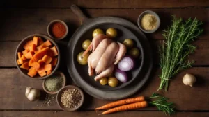 Flat-lay of fresh ingredients for Black Desert chicken recipes