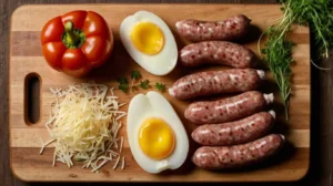 Fresh sausage, eggs, cheese, bell peppers, and herbs on a wooden cutting board.