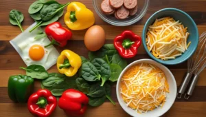 Fresh ingredients for a breakfast casserole arranged on a wooden countertop.