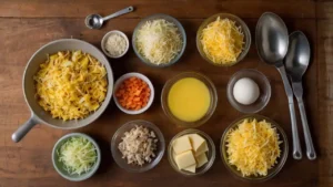 Ingredients for a breakfast casserole arranged on a kitchen counter.