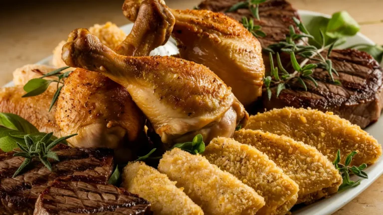 Air fryer main course recipes featuring chicken drumsticks, fish fillets, and steak