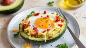 A plated keto dish featuring a baked avocado and egg bowl, garnished with cheese, bacon bits, and parsley, served on a white plate with a fork on a marble countertop