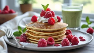 A keto breakfast with almond flour pancakes and a low-carb smoothie