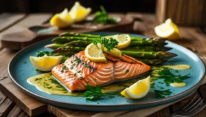 Grilled salmon with garlic butter asparagus on a plate