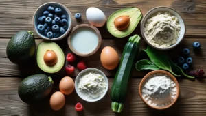 A flat-lay of keto-friendly ingredients including avocados, almond flour, and eggs