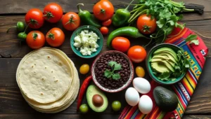 Traditional Mexican breakfast ingredients like tortillas, beans, chiles, and queso fresco on a wooden table