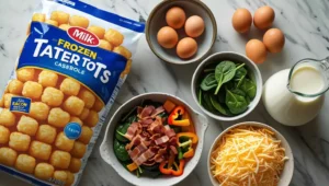  Ingredients for tater tot casserole, including tater tots, eggs, cheese, and vegetables.