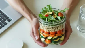 Mason jar salad with greens, quinoa, and vegetables on an office desk