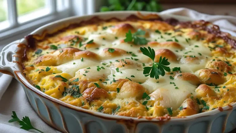 A golden breakfast casserole in a baking dish, topped with cheese and garnished with parsley