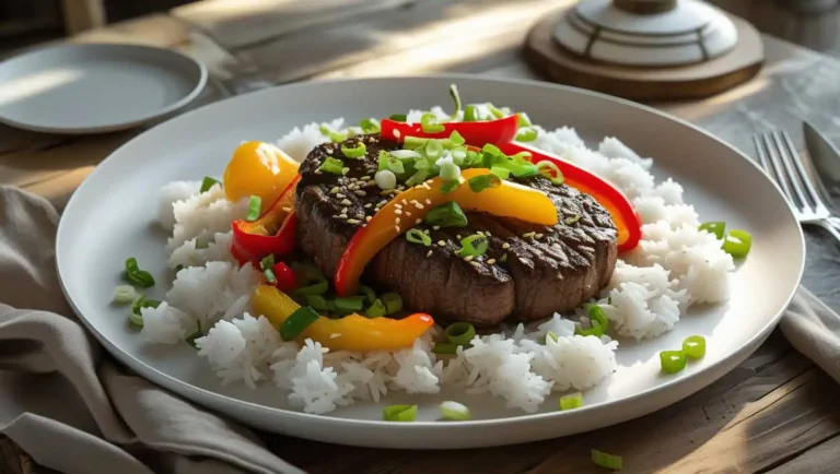 A plated serving of Beef Pepper Steak with colorful bell peppers and rice, garnished with scallions and sesame seeds