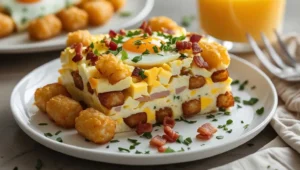 A slice of layered tater tot casserole served on a white plate.