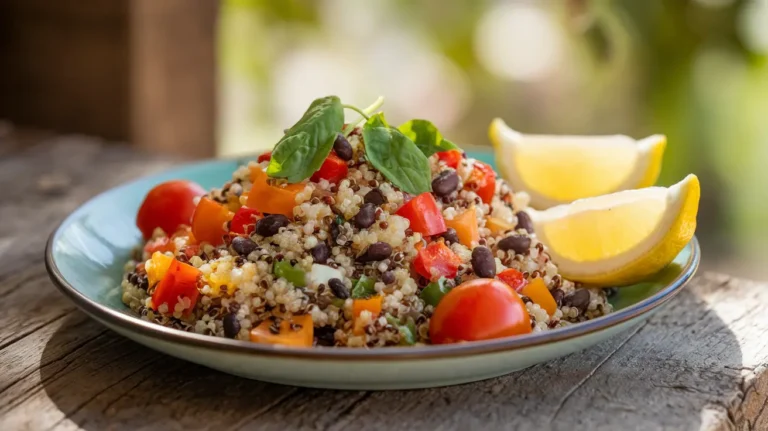 A vibrant quinoa and black bean salad with fresh vegetables, served on a rustic table