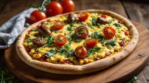 Breakfast pizza with scrambled eggs, sausage, and fresh toppings on a wooden board