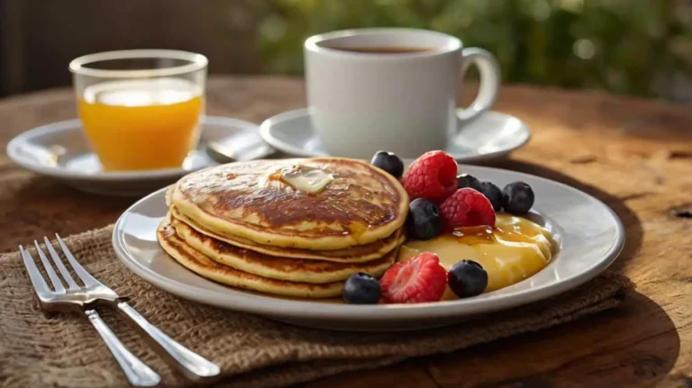 Golden sausage and cheese-stuffed pancakes served with berries and maple syrup