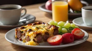 A slice of sausage egg casserole served with fresh fruit and coffee on a breakfast table