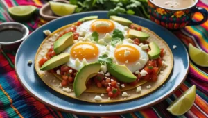 Huevos rancheros on a plate with tortillas, salsa, avocado, and cheese, surrounded by limes and cilantro