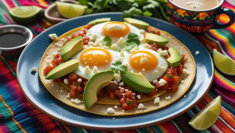 Huevos rancheros on a plate with tortillas, salsa, avocado, and cheese, surrounded by limes and cilantro