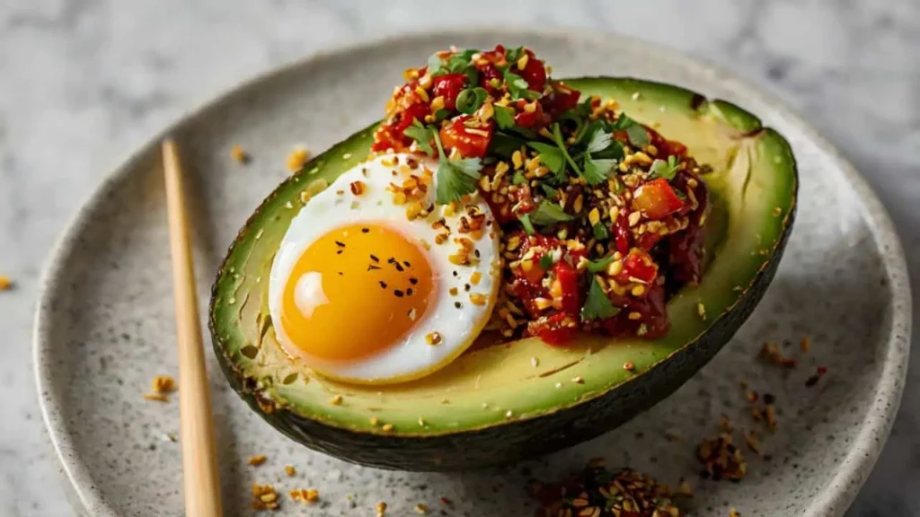 Two Avocado Halves With Eggs Baked Inside