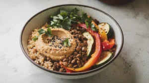 Vegetarian lentil bowl with roasted vegetables and hummus