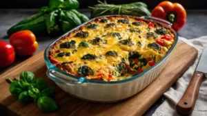 Vegetable breakfast casserole with colorful ingredients