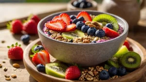 Smoothie bowl with fresh fruits, nuts, and chia seeds on a rustic wooden table